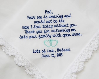 Gift To Groom's Mother From Bride- Embroidered Handkerchief Choose Your Wording and Design