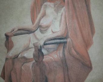 Female nude figure drawing, trois crayon technique