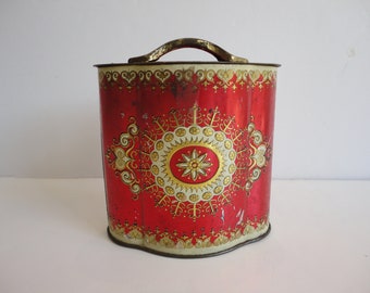 Vintage fancy red gold tin, Murray Allen, renaissance box, distressed red gold tin, fancy container made in England, Venice