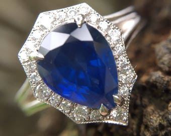 2ct Blue Sapphire Diamond Halo Intrepide Ring 14kt White Gold