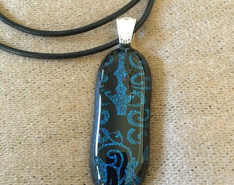 Sparling Blue on Black Hand-etched Dichroic Pendant