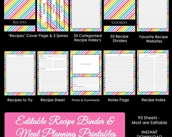 EDITABLE Recipe Binder Printables - Meal Planning - Recipe Sheet - Recipe Card - Weekly Meal Planner - Month - Recipe Divider - Grocery List