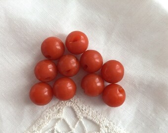 Vintage Buttons - Orange Round Ball Buttons - Set of 10 - Mid Century Plastic Buttons - Knitting, Sewing, Crafting