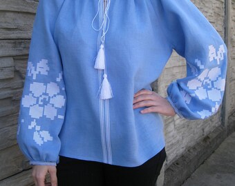 Blue blouse vyshyvanka of 100% linen Boho Style Ukrainian clothing boho blouse Ukrainian folk shirt Embroidered
