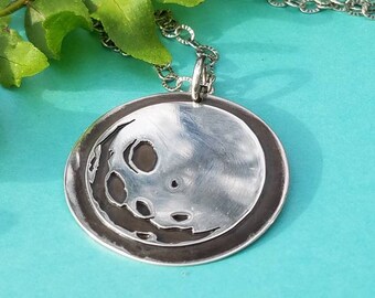 Handmade Sterling Silver Moon Pendant on Sterling Chain, Lunar Necklace, Full Moon, Moon with Craters