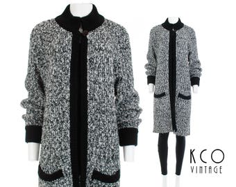 Chunky Cardigan Sweater M / L Duster Sweater 90s Clothing Gray Black Nubby Minimal Monochrome Vintage Clothing Women's Size - M / L 40" Bust