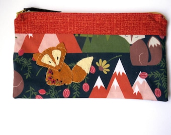 Zipper Pouch, 5.75x9.75" in navy, green, red, coral, brown and cream woodland fabric with Handmade Felt Fox Embellishment, Fox Pencil Case