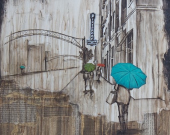 The Short North Rain Print, titled The Short North, Rainy Day Art, Columbus Ohio Art, Mixed Media Art Print