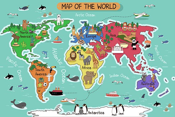 Children S World Map Wallpaper Removable Wall Mural Animal