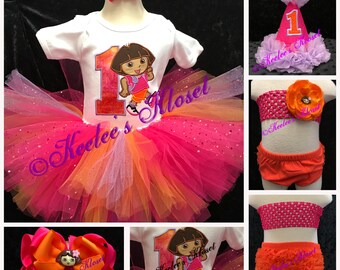 FREE SHIPPING! Dora the explorer set-mix and match, birthday shirt, tutu, hat, bow and smash cake set!