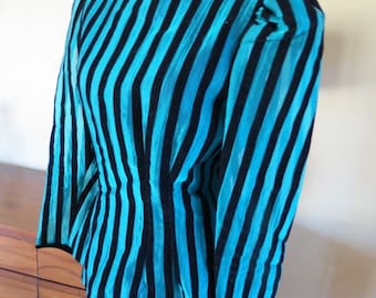 1980s Rocker Chick Striped top blouse. Teal with black velvet stripes. 6-8