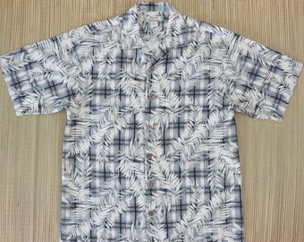 TOMMY BAHAMA Shirt Hawaiian Shirt Men Tropical Palm Print on Plaid Surfer Resort Wear 100% Silk Camp Aloha Shirt - S- Oahu Lew's Shirt Shack
