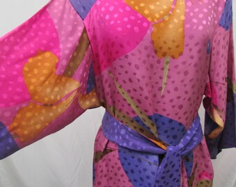 Vintage 1980's Shift Dress Designer Flora Kung Silk Dress Japanese Inspired Vibrant Pattern & Colors