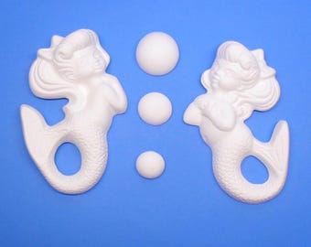 Ready To Paint/DIY/Plaster/ChalkWare/PlasterCraft Flat Back Wall Décor/Wall Hanging/Wall Plaque Mermaid Girls Five Pc. Set #595