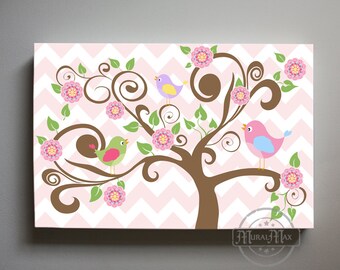 Hayley Nursery Birdies on Tree Canvas Wall Art, Large Panoramic Canvas Art Childrens Room Art, Match with Hayley Bedding