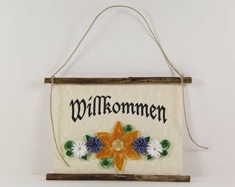 Willkommen, German Welcome, Paper Quilled German Welcome Sign, 3D Quilled Banner, Paper Flower Decor, Yellow Blue White Decor, Germany Gift