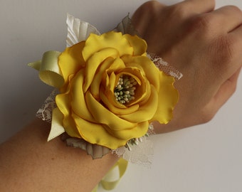 Wedding Wrist Corsage-Yellow Flower Corsage-bright yellow Rose Wrist Corsage-Bride Bridesmaid Corsage-Prom Flower Corsage-Fabric Corsage