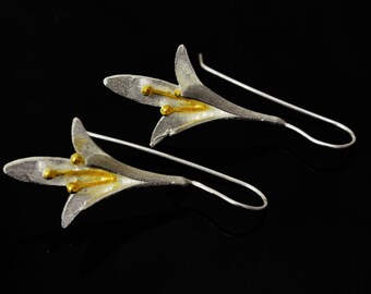 Sterling Silver Flower Drop Earring With 18k Gold Accents