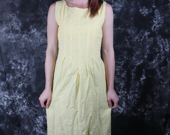 Vintage 1960s Cream Yellow and White Cotton Gingham "Checker" Sleeveless Midi Dress with Floral Embroidery, Size Small (4) -- Mod // Youth
