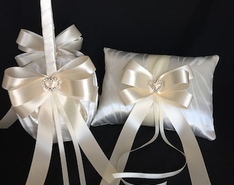 Ivory flower girl basket,wedding ring bearer pillow,ivory ring pillow, ivory wedding ring bearer, wedding basket