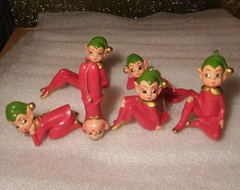 Vintage Hand Painted Set of 6 Christmas Pixie Elves Hanging Ornaments