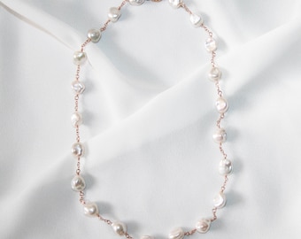 Elegant White Keshi Pearl Station Necklace, 14K Rose Gold Filled, Beaded Necklace, Bridal Necklace, Wedding Jewelry, June Birthstone