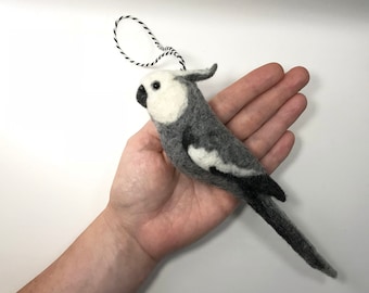 Needle felted Cockatiel, Whiteface grey cockatiel, Tree Decoration, Miniature Soft Sculpture