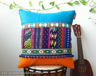 Decorative Throw Pillow - Orange Turquoise Blue Colorful Mexican Cushion Cover