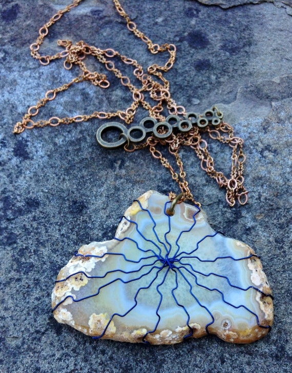 Yellow Geode Agate Blue Wire Wrapped Slice Necklace