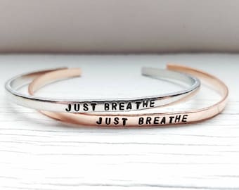 Just Breathe Bracelet, Breathe Bracelet, Yoga Bracelet, Hand Stamped Bracelet, Skinny Stacking Cuff