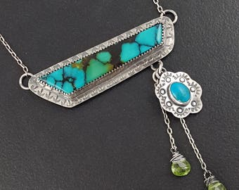 Turquoise Peridot Necklace, sterling silver, michele grady, stamped, turquoise, blue silver, turquoise jewelry, boho, bohemian, pendant