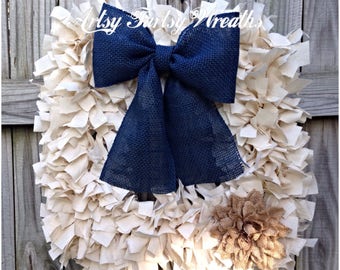 Rag Wreath, Everyday Wreath, Fabric Wreath, Square Wreath, Wreath, home decor, indoor decor, front door wreath