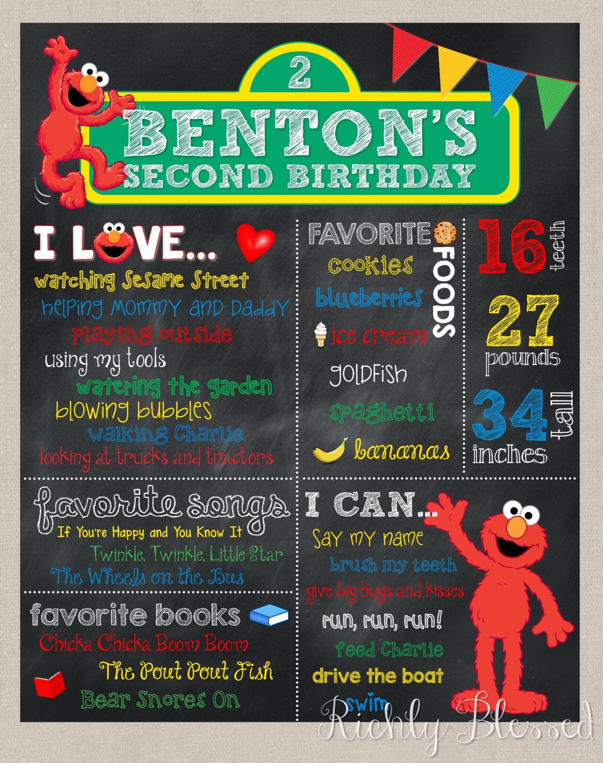 Elmo Inspired Birthday Chalkboard Poster First Birthday
