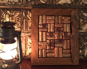 Reclaimed & Original Corkboard w/ found objects, and hooks w/ 10 Scrabble tacks included
