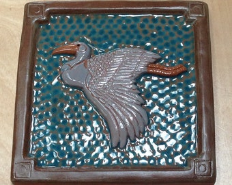 6" Heron Arts and Crafts Tile for fireplace, kitchen or bath. teal with light gray Craftsman, Mission,Bungalow,