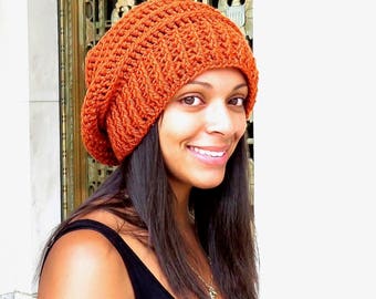 Crochet Slouchy Hat, Tam Hat, Ribbed Hat, Beehive Hat, Crochet Hat, Color is Orange,