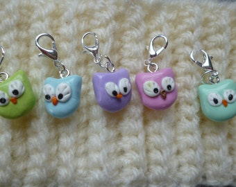 Set of 5 cute stitch markers made of polymer clay by hand, owls markers, knitting, OWL charm accessories