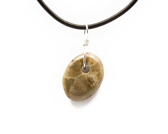 Petoskey Stone Necklace Polished Petoskey Stone Jewelry Pendant Michigan Coral Fossil Beach Stone Leather Silver Gift for Women Her ET218