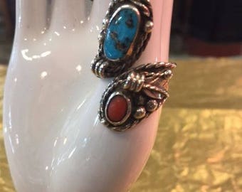 Sterling silver, turquoise and coral ring