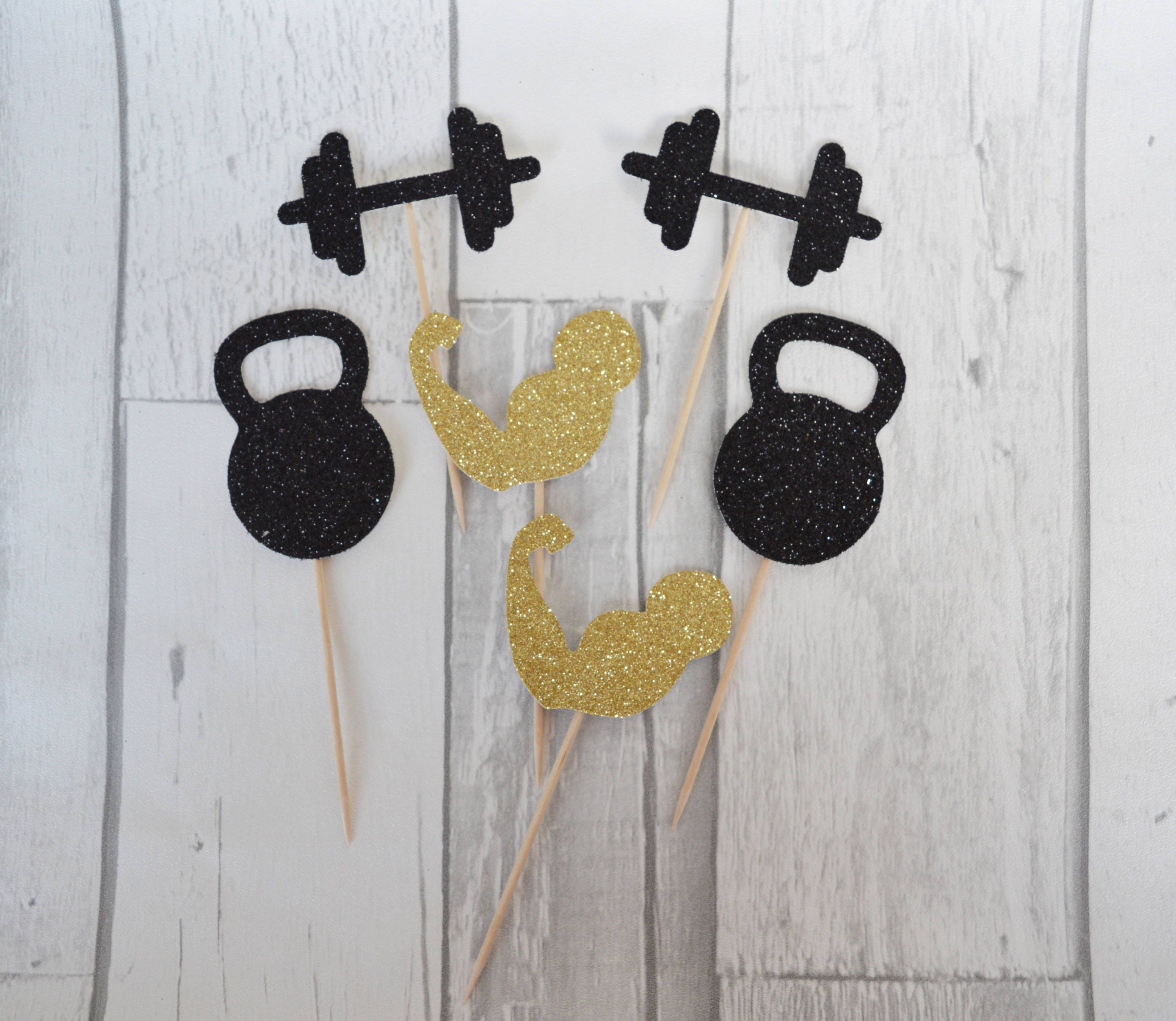 gym-theme-party-decorations-weight-lifting-cupcake-toppers