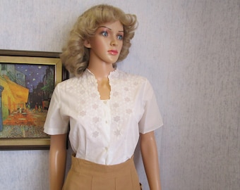 50s L 46 Embroidered Cotton S/S BLOUSE Top White