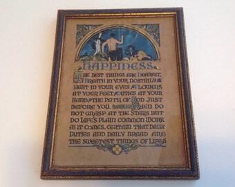 Antique Print, Happiness Quote, Vintage Wood Frame, Ink on Paper, Framed Art, Valhalla Fine Arts