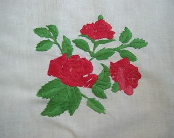 TEA Cloth - Vintage Ribbon Embroidery - Red roses - Hand Crocheted Edges