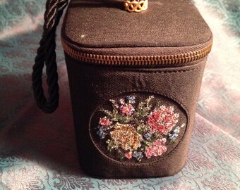 Vintage Black Box Purse Needlepoint Pink Yellow Flowers 1950s