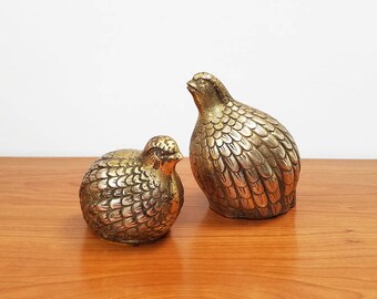 Vintage Pair of Brass Quail or Partridge Birds / Brass Paperweight / Desk Accessories / Shelf Decor