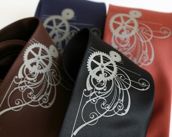 Victorian Gears. Men's silkscreen necktie. Screen printed microfiber tie, standard or narrow width.