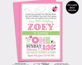 Pink Ladybug Birthday Invitation 1st Birthday Typographic Ladybug with Backing Pink Lady bug Green Black Ladybug Printable Digital File