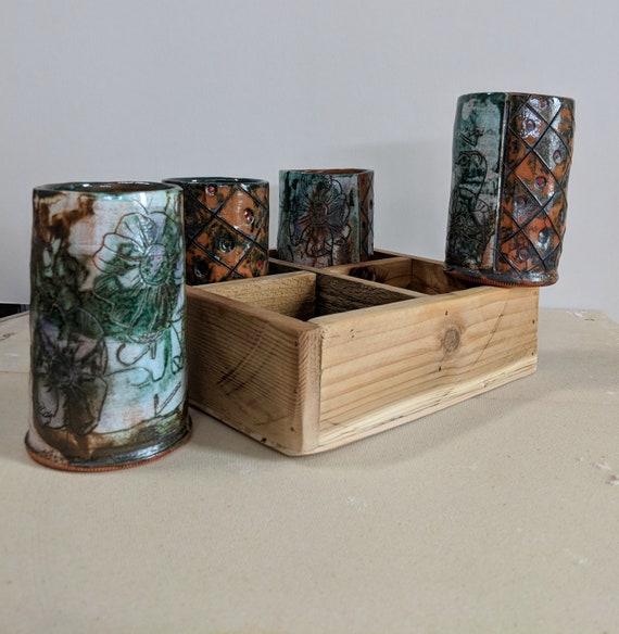 Handmade Ceramic Cup Set, 4 mugs with Recycled Wood Tray