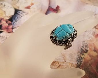 Egyptian Revival 800 Silver Scarab Beetle Ring with Turquoise Faience