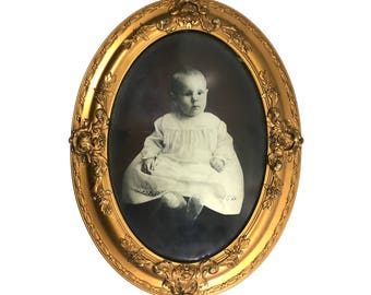 Large 24" Antique Gesso Wood Frame with Convex Bubble Glass and Baby Litho, 24" by 18" Ornate Vintage Gold Gilt Picture Frame
